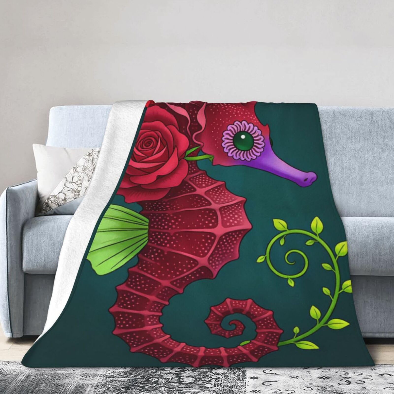 Manta de caballito de mar rosa para cama y sofá de 152x127 cm