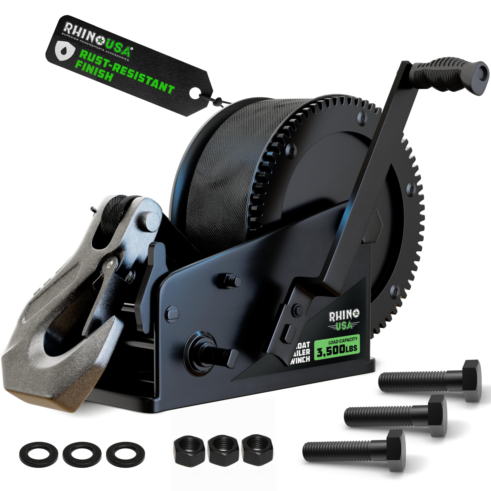 Rhino USA Heavy-Duty Boat Trailer Winch with Crank Handle – Boat Winch Strap with Hook – Corrosion-Resistant – Ideal Boat Accessories for Bass Boat,