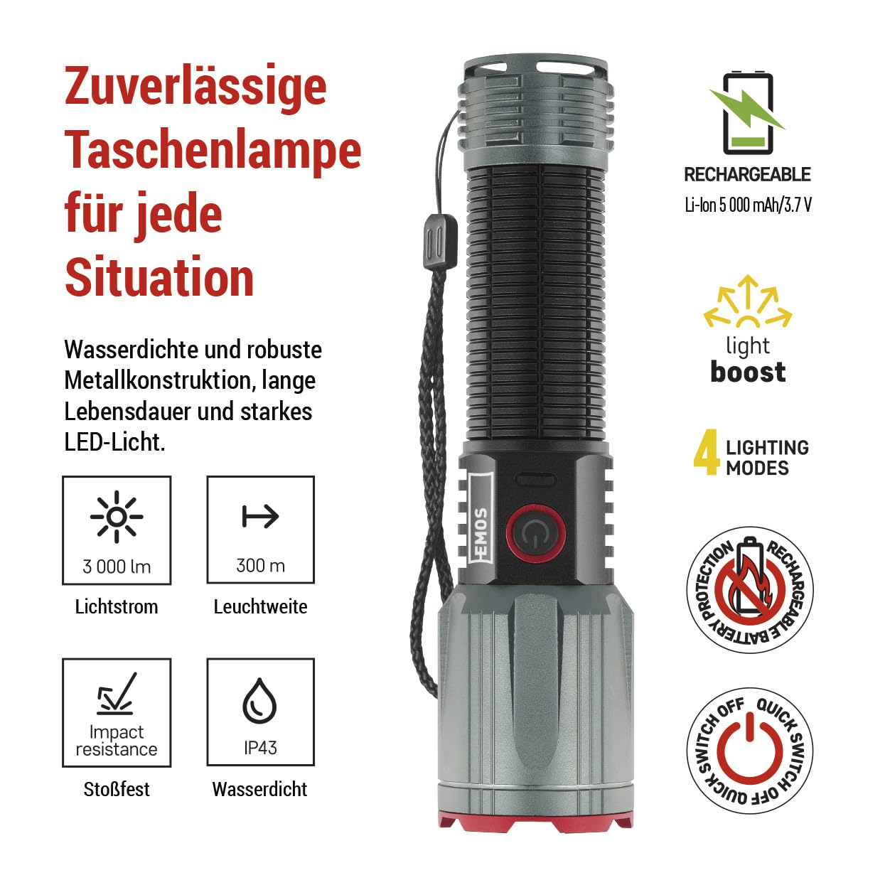EMOS - LED-Metall-Taschenlampe mit Akku, Boost-Funktion, Powerbank und Zoom - wiederaufladbar, stoßbeständig, wasserdicht - superhell 3000lm, 300m - Handschlaufe - für Innen und Außen - schwarz-grau