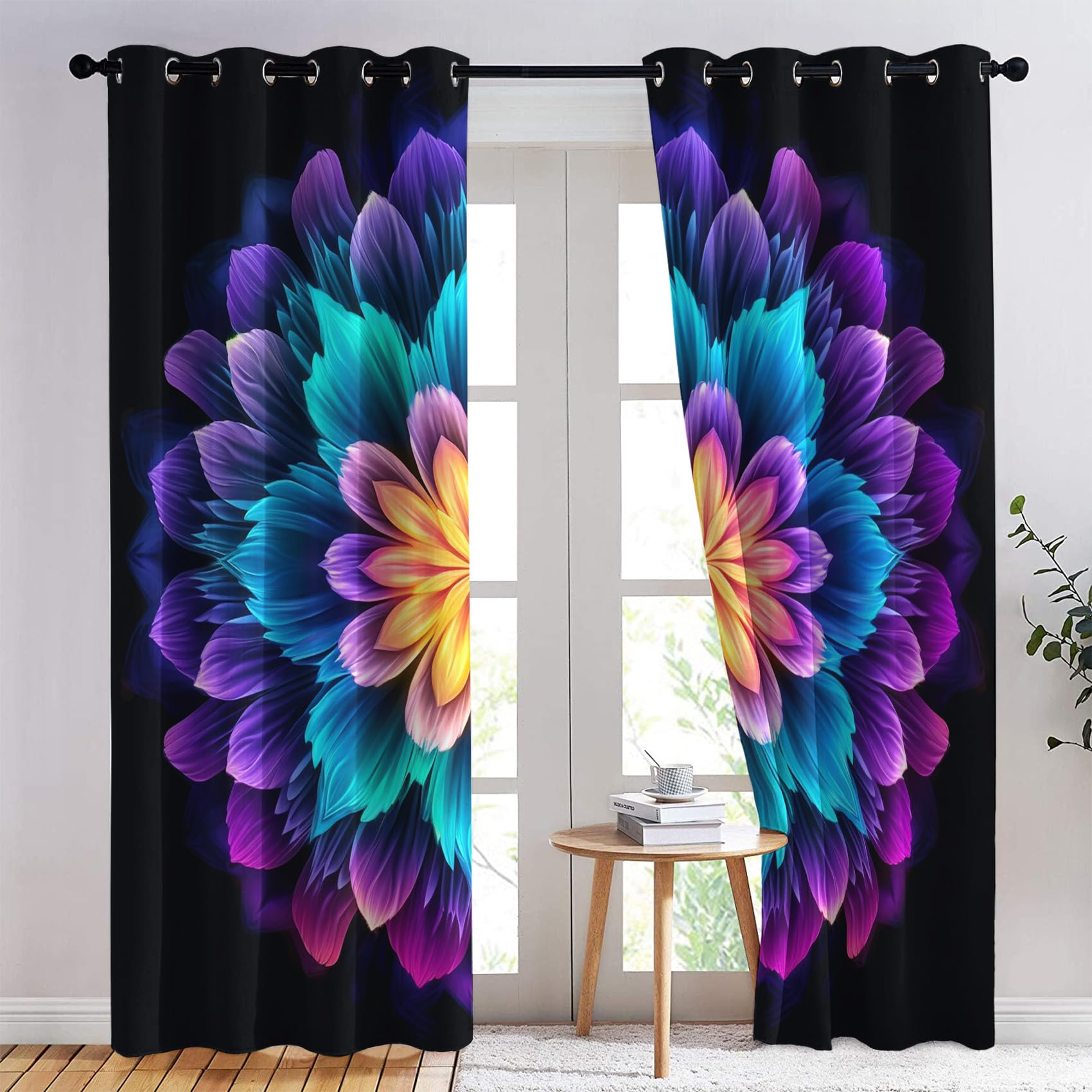 Mandala Vorhänge Boho Bunte Blumenmuster Hippie Verdunklungsvorhänge, Vorhang Blickdicht Gardinen mit Ösen, Schlafzimmer Wohnzimmer Deko, Thermovorhang 2er Set H 175 x B 140 cm
