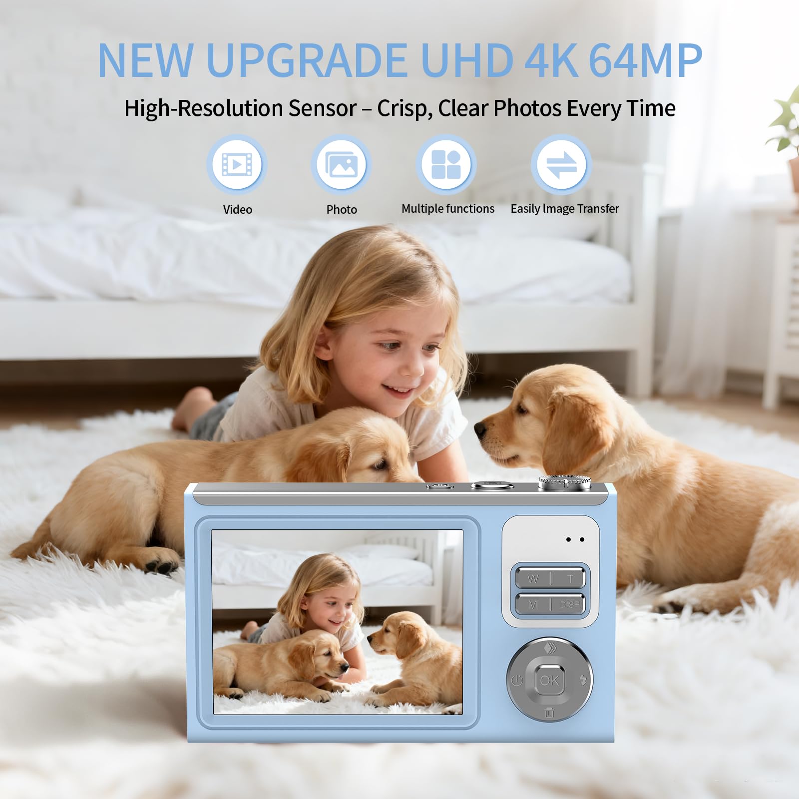 Cámara digital de 64 MP 4K para niños con pantalla IPS de 2.8", tarjeta SD de 64 GB y zoom digital de 16X. Antivibración, cámara compacta compacta y portátil. Regalo pequeño para niños, niñas y estudi