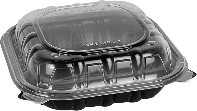 Thermo Tek 40 Ounce Clamshell Containers, 50 Disposable Take Out Boxes - 3 Compartments, Ventilated Lids, Black Plastic Meal Prep Containers, Microwavable, For Pasta Or Salads - Restaurantware