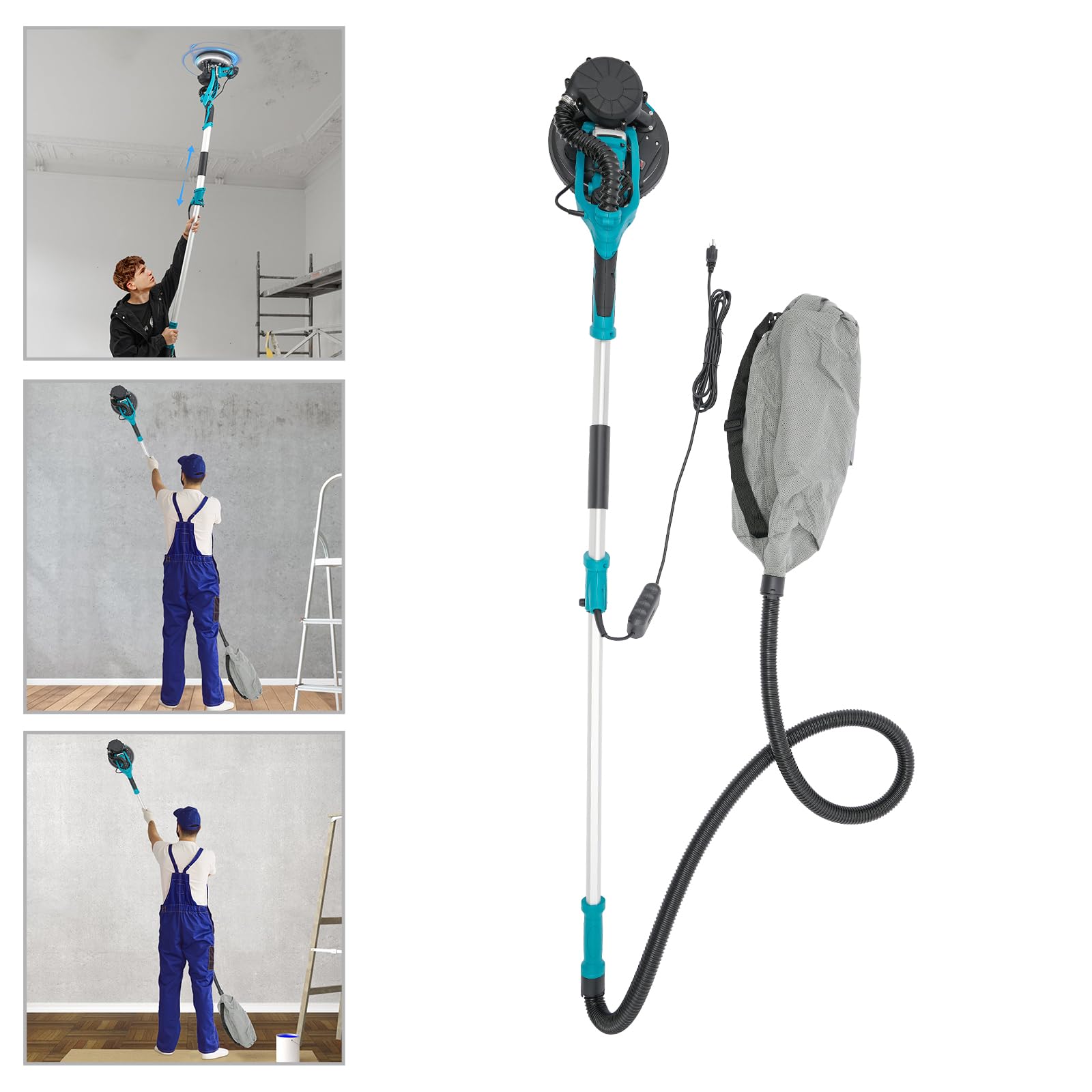 Drywall Sander 1250W Electric Ceiling Wall Sander with Vacuum Dust Collection Electric Dustless Drywall Sander 6 Variable Speed 800-1800RPM, LED Loop, Blue
