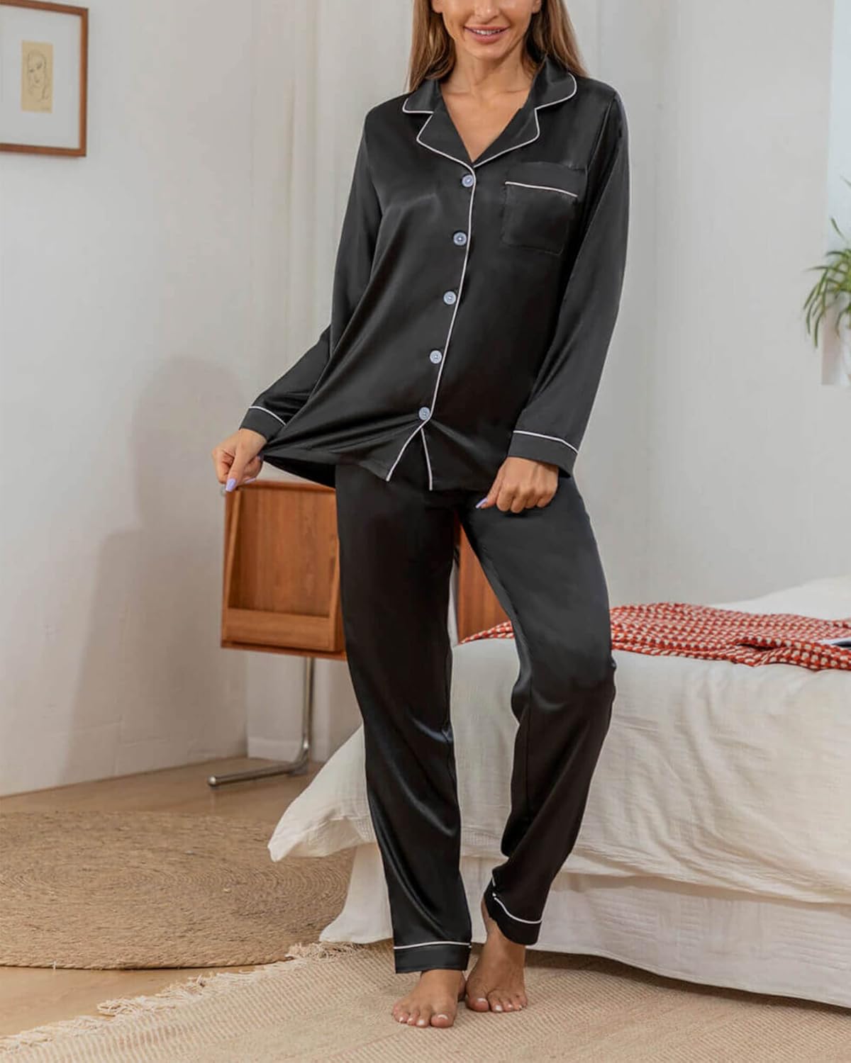 YIMANIE Womens Pajamas Silk Satin Pajama Sets for Women Soft Button Down Womens Loungewear Set with Pockets - Image 4