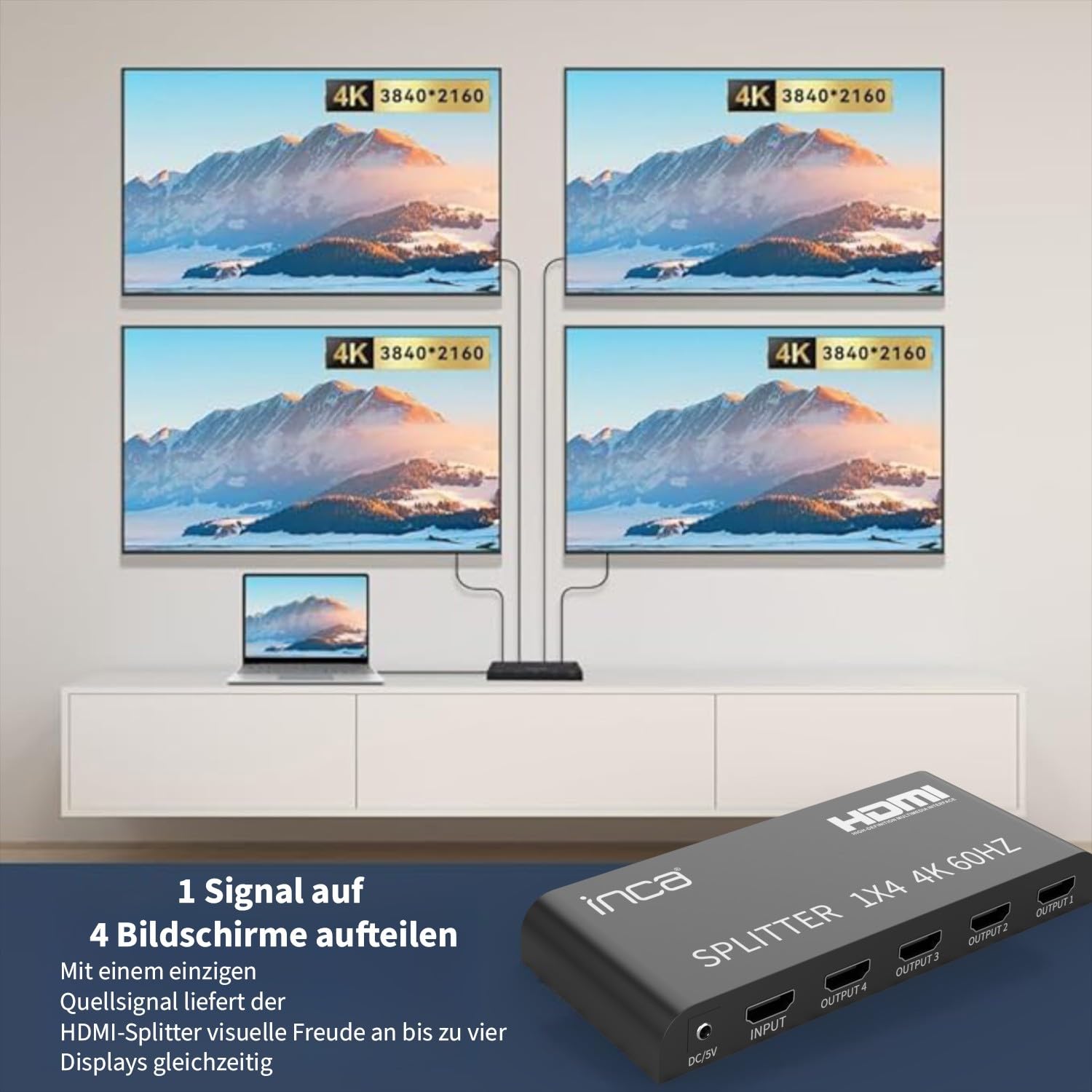 inca IHSK-460, HDMI Splitter, 1 In 4 Out 4K@60Hz, HDMI 2.0, HDCP 2.2, HDR & 3D, 1x4 Splitter, 4 Port für PS5, Xbox, Fire TV, Beamer