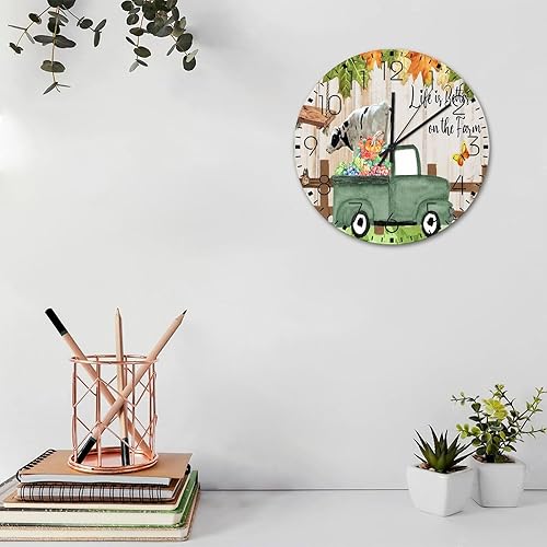 Miniatura 2 de Reloj de pared silencioso que funciona con pilas, sin tictac, Life is Better on The Farm, relojes de pared rústicos con hojas de arce de otoño,