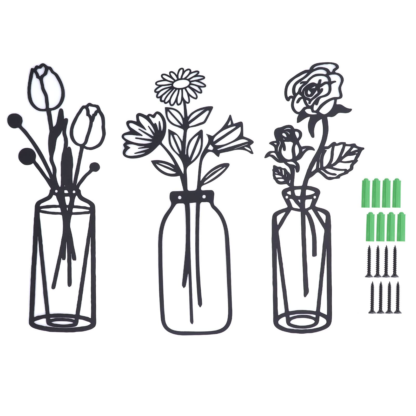 Metal Vase Flowers Wall Art Elegant Prevent Rust Iron Flower Wire Wall Decor Modern Home Decoration for Living Room Bedroom Kitchen Black 3Pcs Set 37.5cm to 38cm