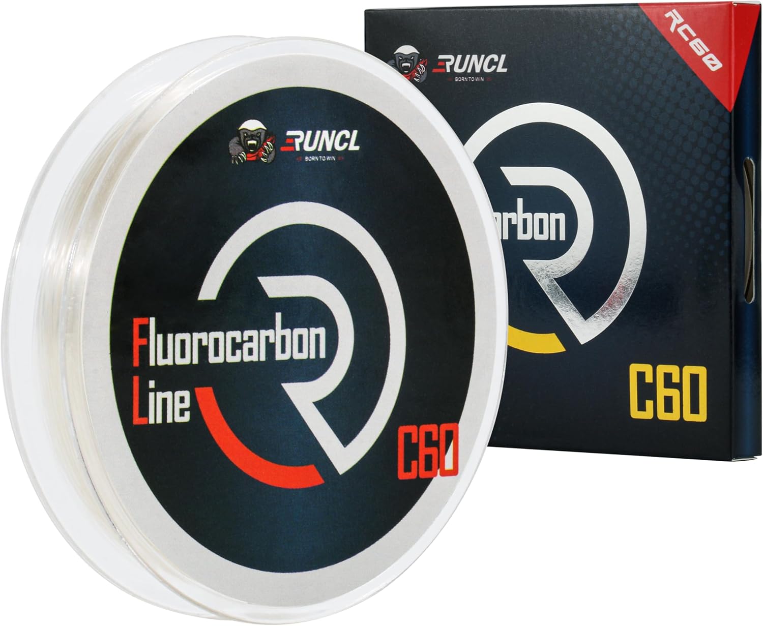 RUNCL 100% Pure Fluorocarbon Fishing Line, RC60 Clear Fluorocarbon Leader Line, Virtually Invisible with Added Sensitivity, High Strength, Abrasion - Resistant, Fast - Sinking, 4-50lb, 50-150yds
