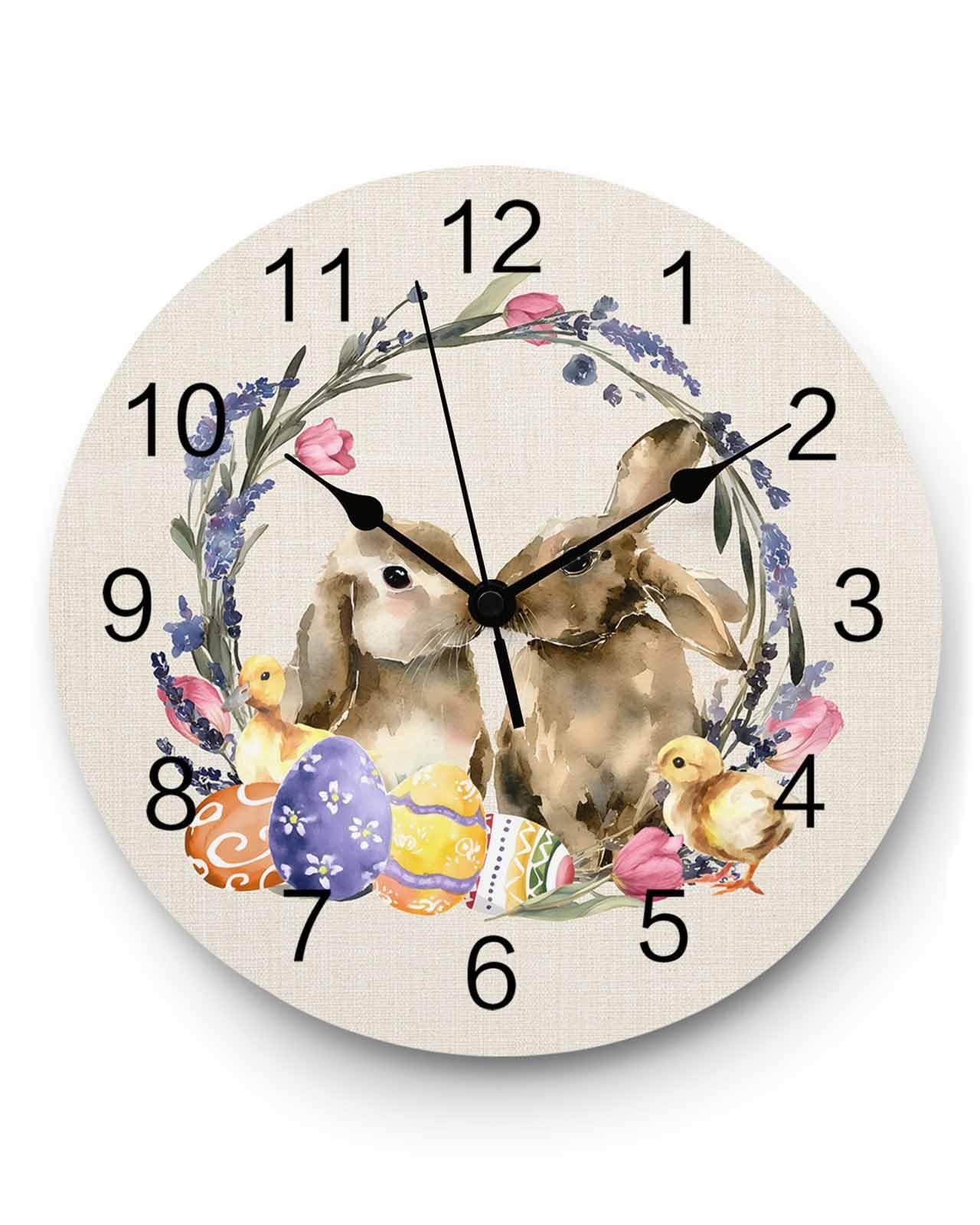 LooPoP Easter Wall Clock Easter Eggs Bunny Chick Clocks PVC Silent Non-Ticking Battery Operated Spring Flower Round Clock for Home Living Room School