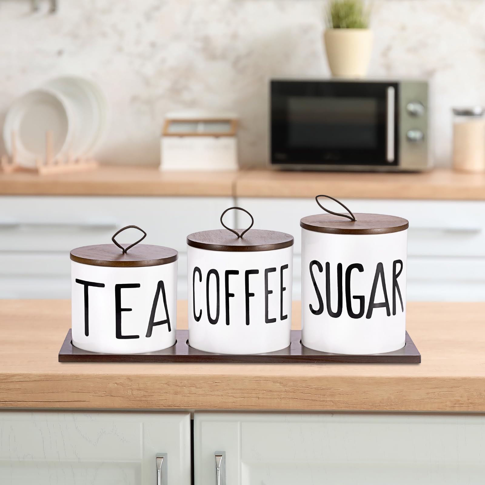 BTSKY Set di 3 contenitori da cucina in ceramica bianca – 3 misure ermetiche per zucchero, caffè, tè, con coperchio e vassoio in legno, barattoli per alimenti