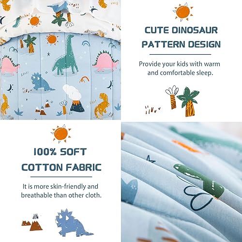 Miniatura 4 de DJY Juego de ropa de cama de algodón de 4 piezas, juego de edredón de dinosaurio para niños y niñas, incluye edredón reversible azul y blanco,