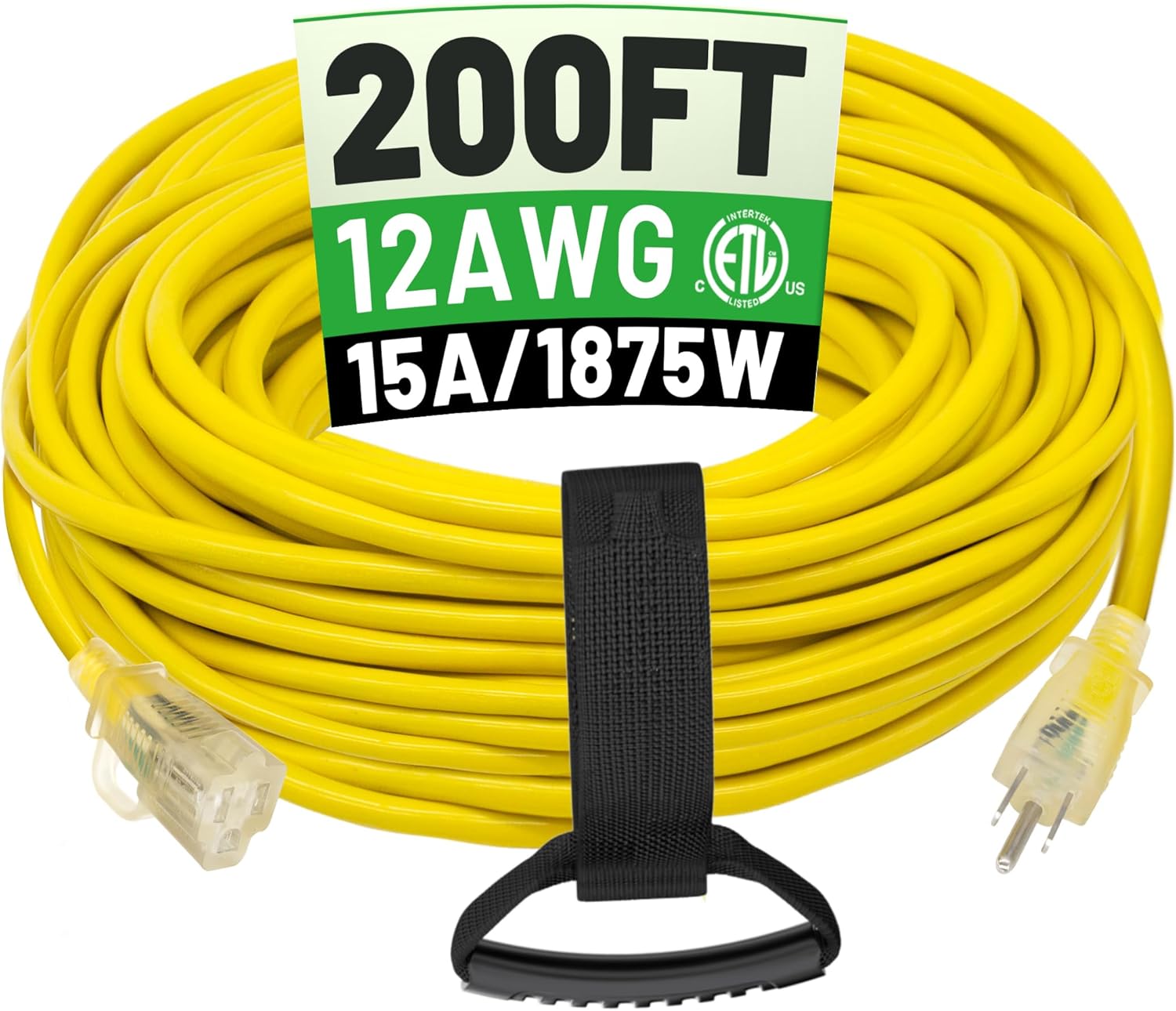 POWGRN 15 ft 12/3 Outdoor Extension Cord Waterproof Heavy Duty with Lighted Indicator End 12 Gauge 3 Prong, Flexible Cold-Resistant Long Power Cord Outside, 15Amp 1875W SJTW Orange ETL Listed