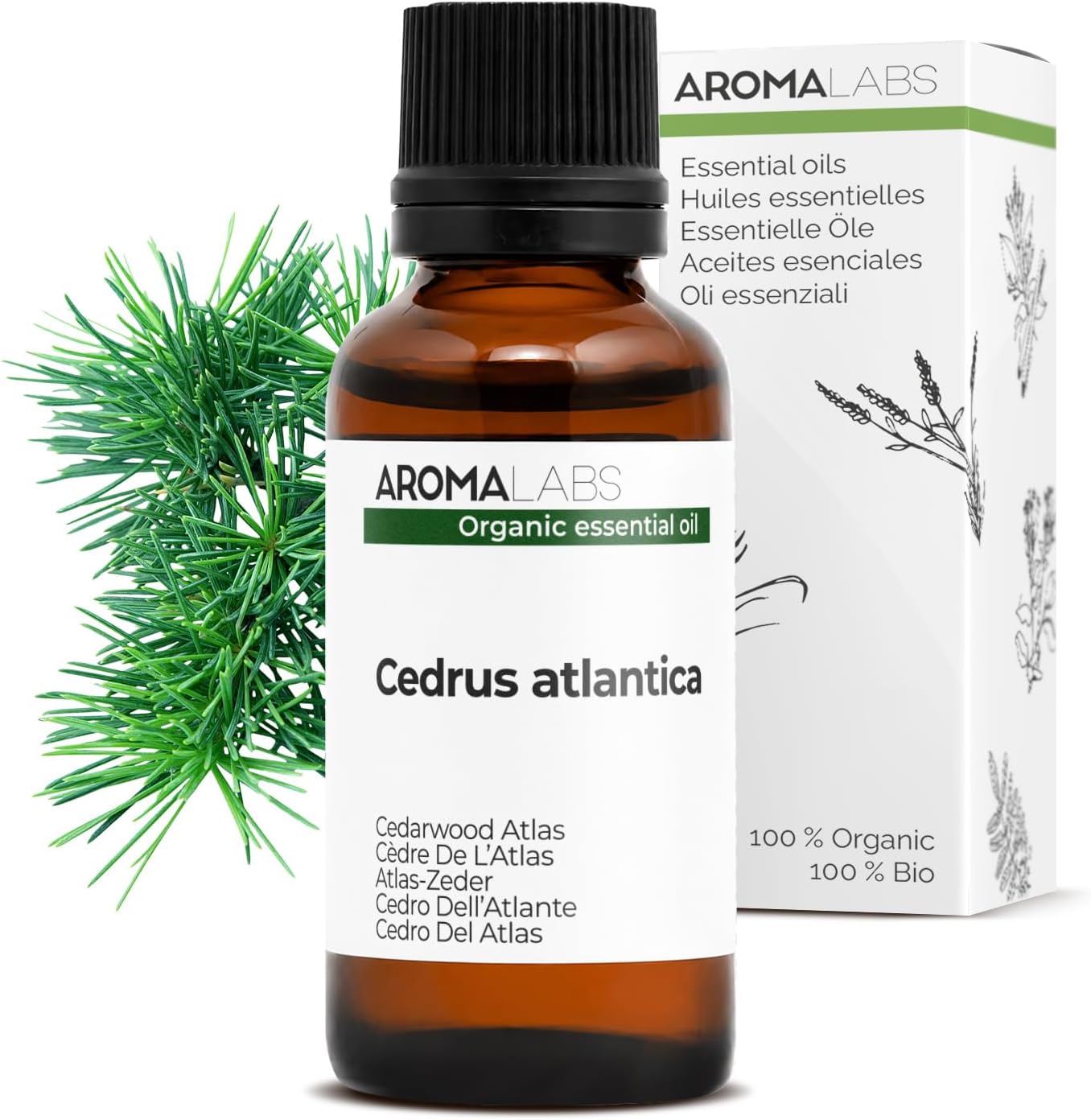 Bio - Cedarwood Atlas Essential Oil - 30mL - 100% Pure, Natural, Chemotyped and AB/Cosmos Certified - AROMA LABS (French Brand)