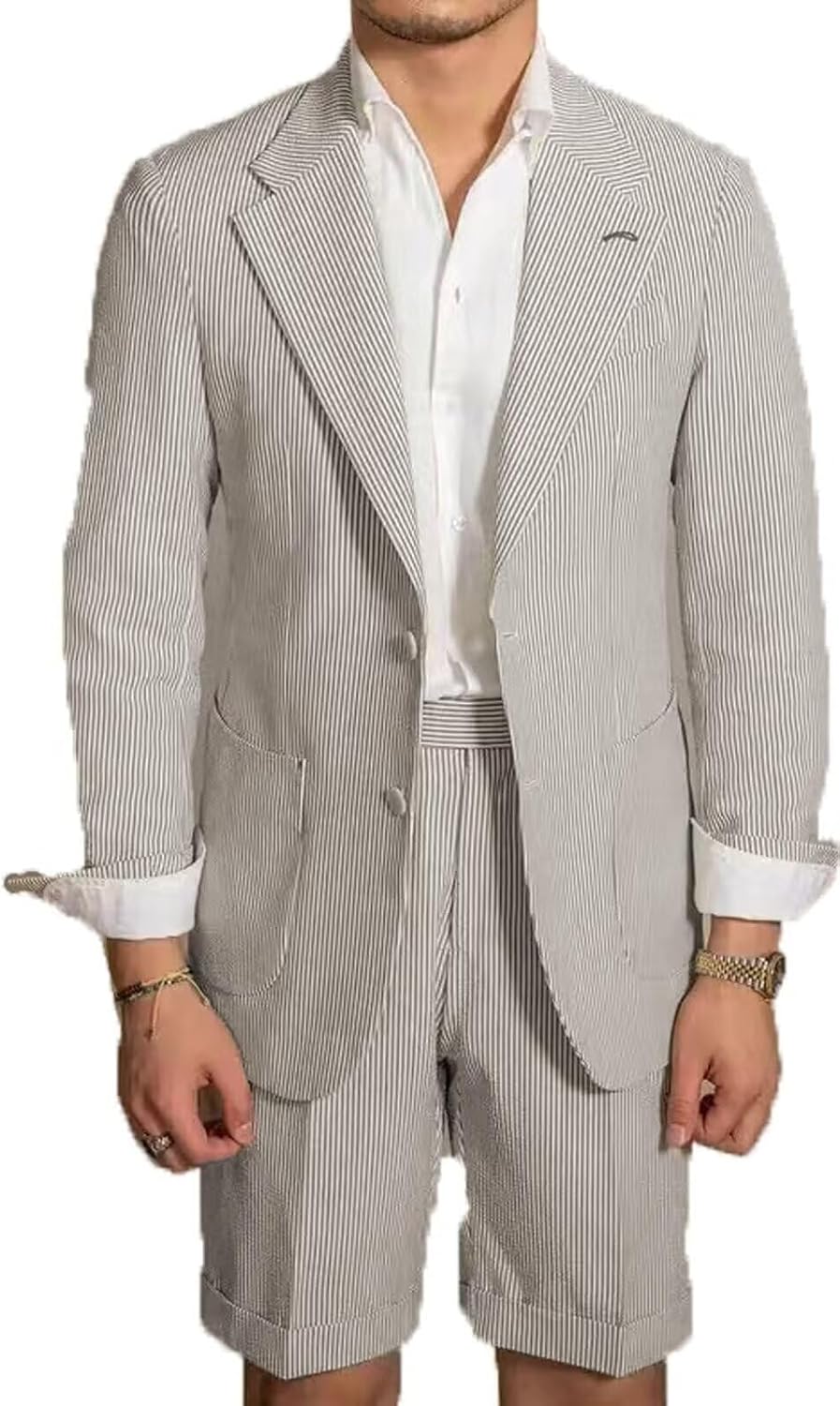 Mens Summer Seersucker Suits 2 Piece Slim Fit Suit Prom Blazer Beach Wedding Tuxedo Short Pants
