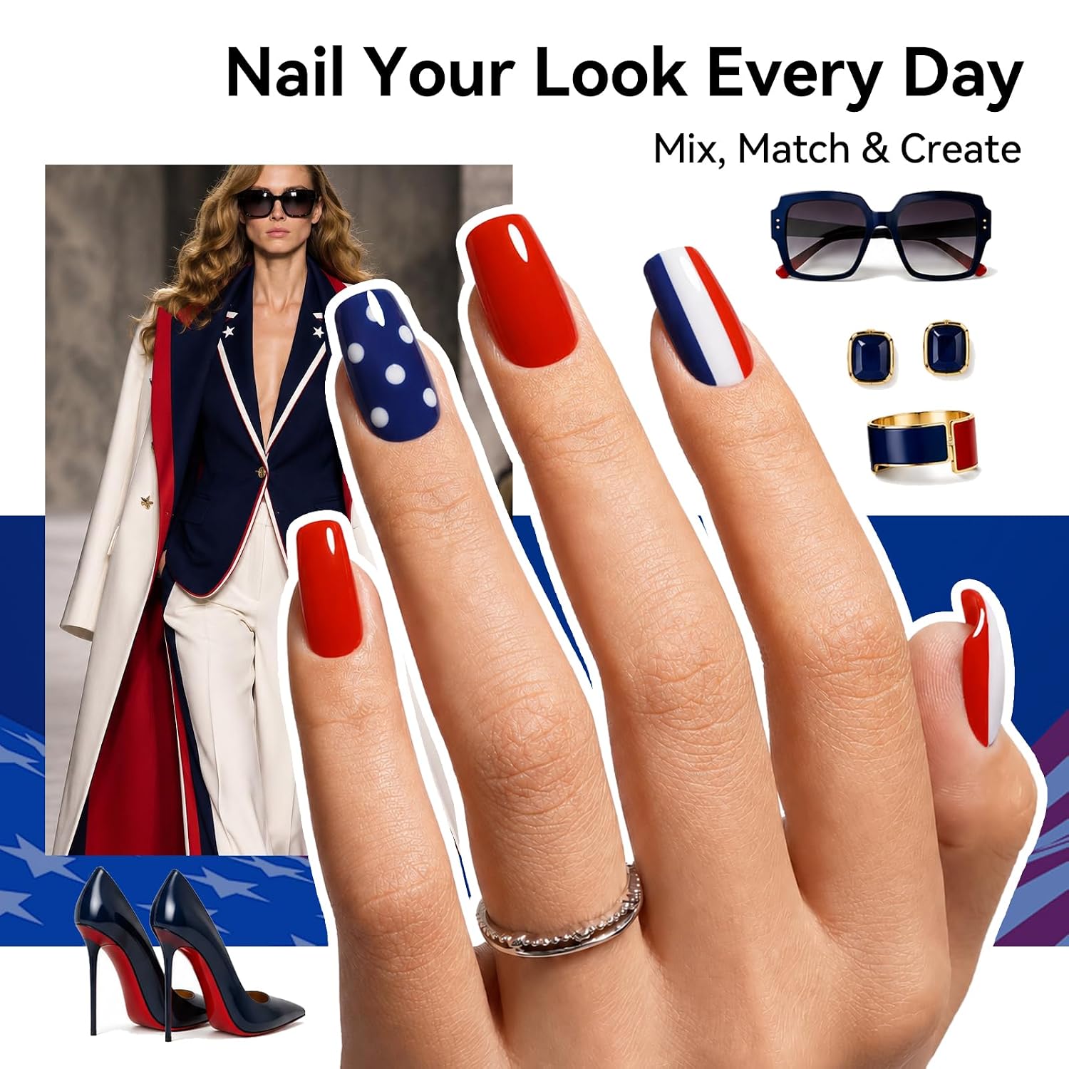 Nail Polish Set, Patriotic Red Blue White Black Nail Polishes with Clear Base Top Coat, Quick Dry, DIY Nail Art USA Flag Makeup for Independence Day 250 Anniversary Memorial Day Veterans Day