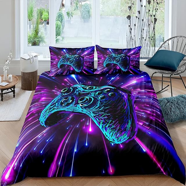 Homewish Gaming Pc Bedding Set Double Size Games Duvet Cover Set For Boys Youth Teens Gamepad Comforter Cover Laser Light Quilt Cover Gaming Console Bedroom Decor