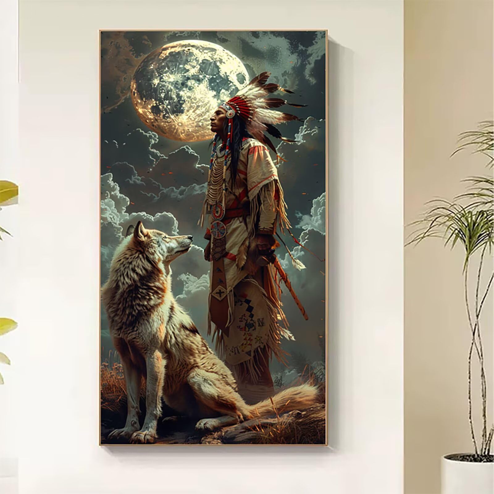 Malen Nach Zahlen Erwachsene Indianer, Malen Nach Zahlen Wolf, Paint by Numbers mit Pinseln und Acrylfarben, DIY Handgemalt Ölgemälde Kit für Deko Wohnzimmer und Wohnzimmer Deko 80x160cm K-2333