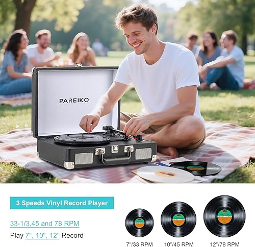 Miniatura 4 de Tocadiscos portátil con tocadiscos de 3 velocidades, conectividad Bluetooth, batería incorporada de 1800 mAh, diseño retro de maleta para amantes de