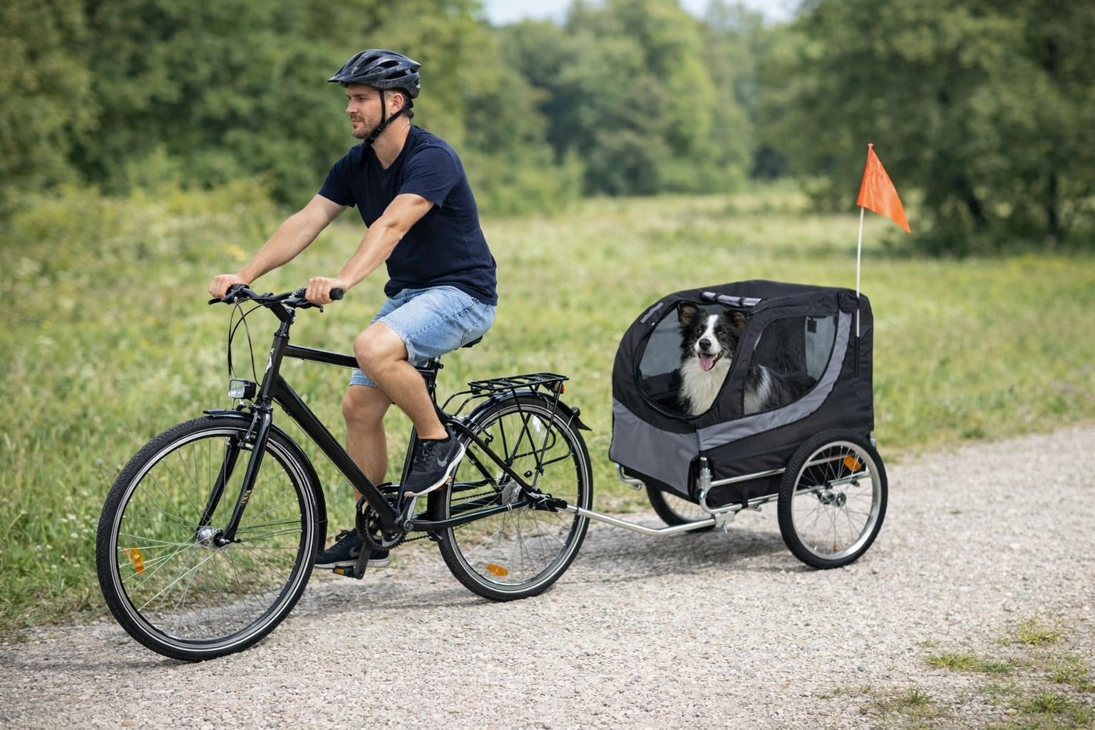 hundeanhänger für Fahrrad - fahrradanhänger Hunde - Flamingo Tybalt schwarz - A:76 cm B:57 cm C:65,5 cm D:130 cm - faltbar - mit Regenschutz - für E-Bike geeignet - max 30 kg