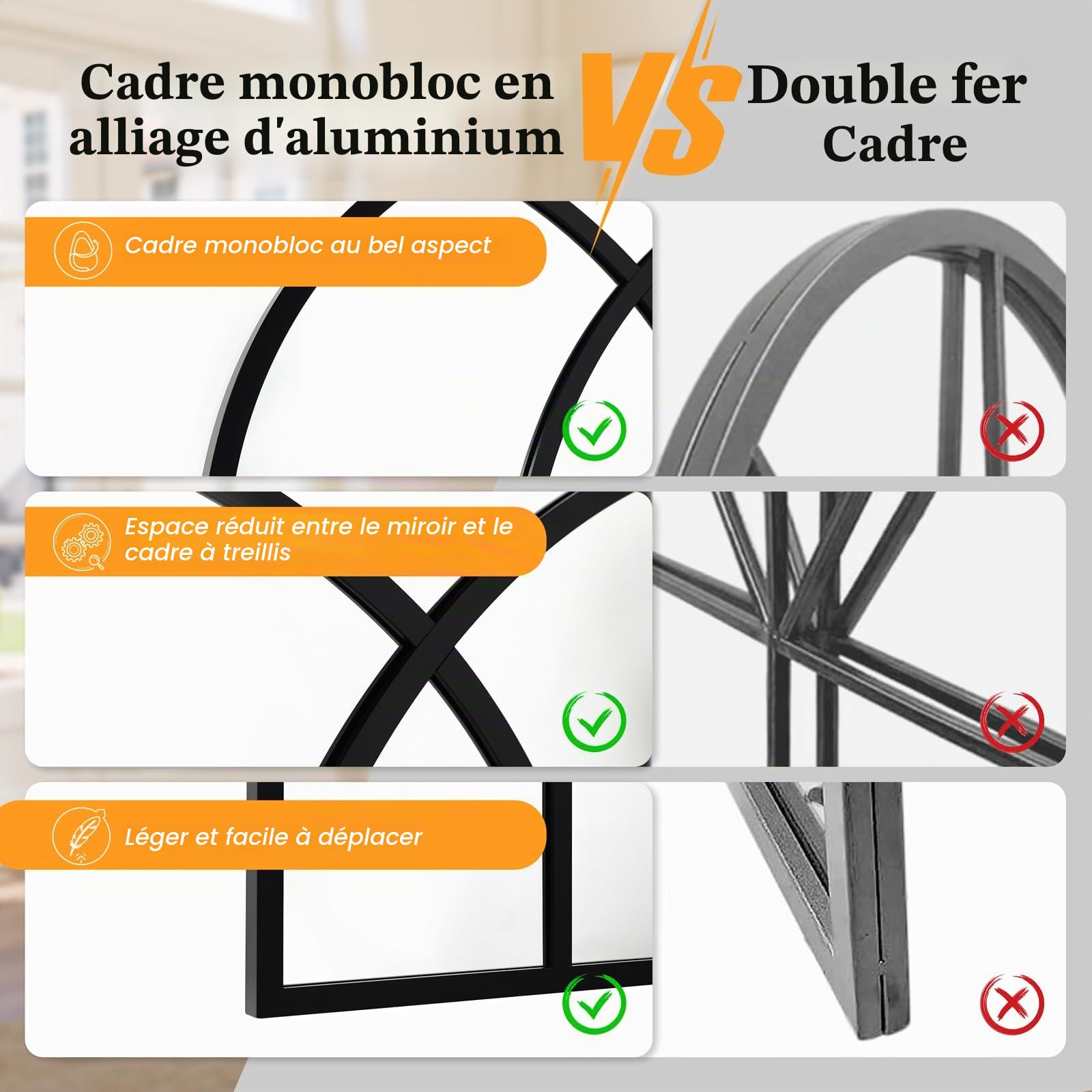 Miroir de fenêtre arqué noir rustique 60 x 90 cm pour intérieur, salon, couloir, entrée, décoration de jardin extérieure