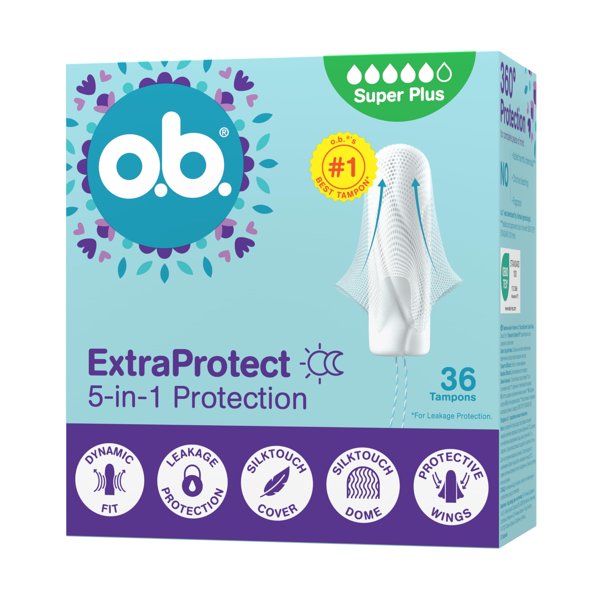o.b. ExtraProtect Super Plus Tampony 36 szt. NOWOŚĆ, dodatkowe skrzydełka zabezpieczające, do 100% ochrony przed przeciekaniem w dzień i w nocy, na bardzo obfite krwawienie, duże opakowanie