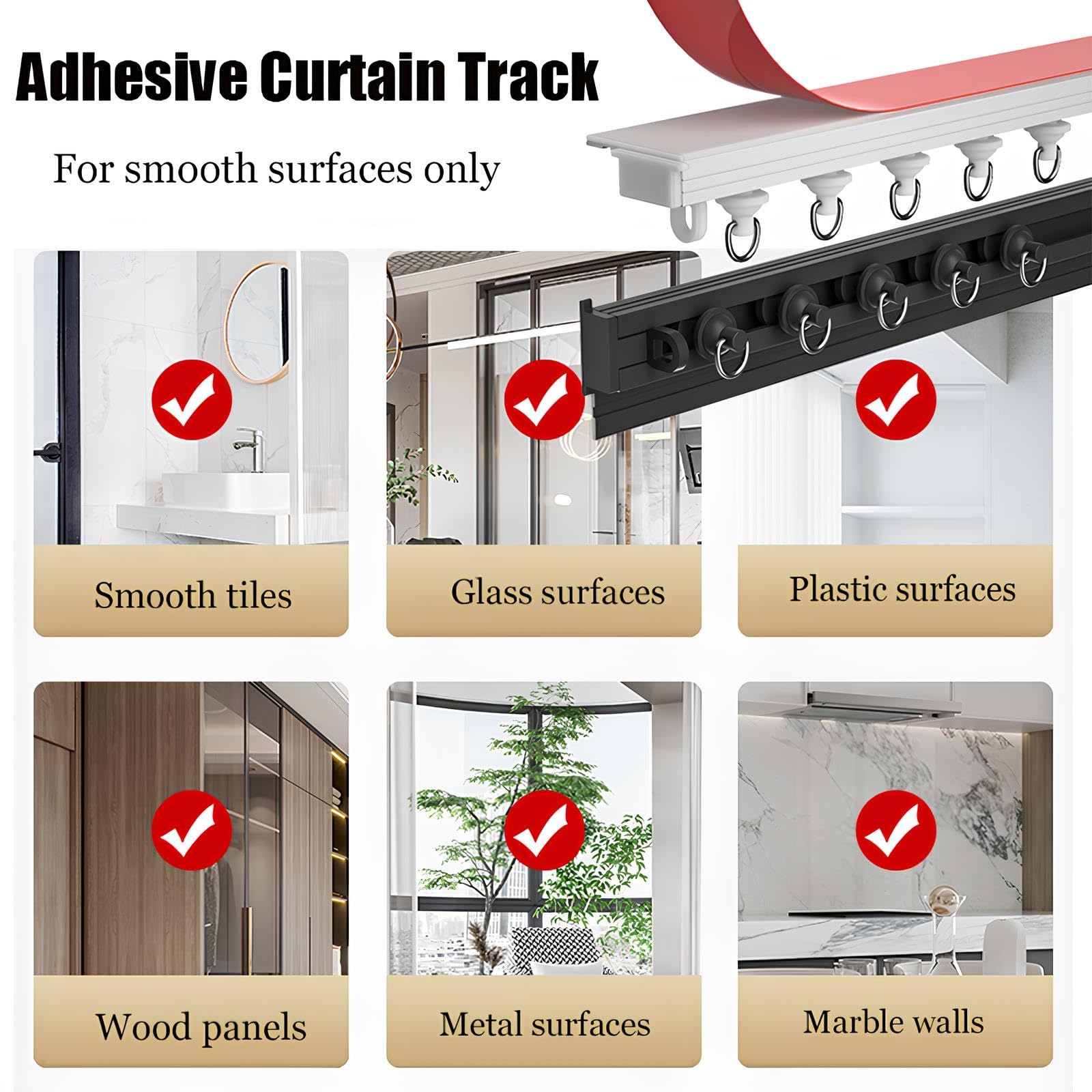 Selbstklebende Vorhangschiene, Wandmontage/Deckenmontage,Ohne Bohren Gardinenschiene Aus Aluminiumlegierung Für Erkerfenster, Raumteiler, Wohnzimmer, Badezimmerdusche(Black,4.0m(4 * 1m))