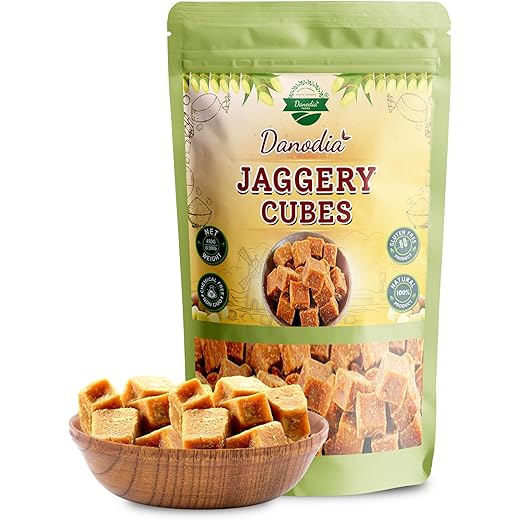 Danodia Foods Organic Brown Jaggery Cubes/Blocks 0.9 Pounds, Natural Sugarcane Sweetener, Ideal For Tea, Milk, Pudding, Etc (No Additives, No Anticaking Agent), 450Gram