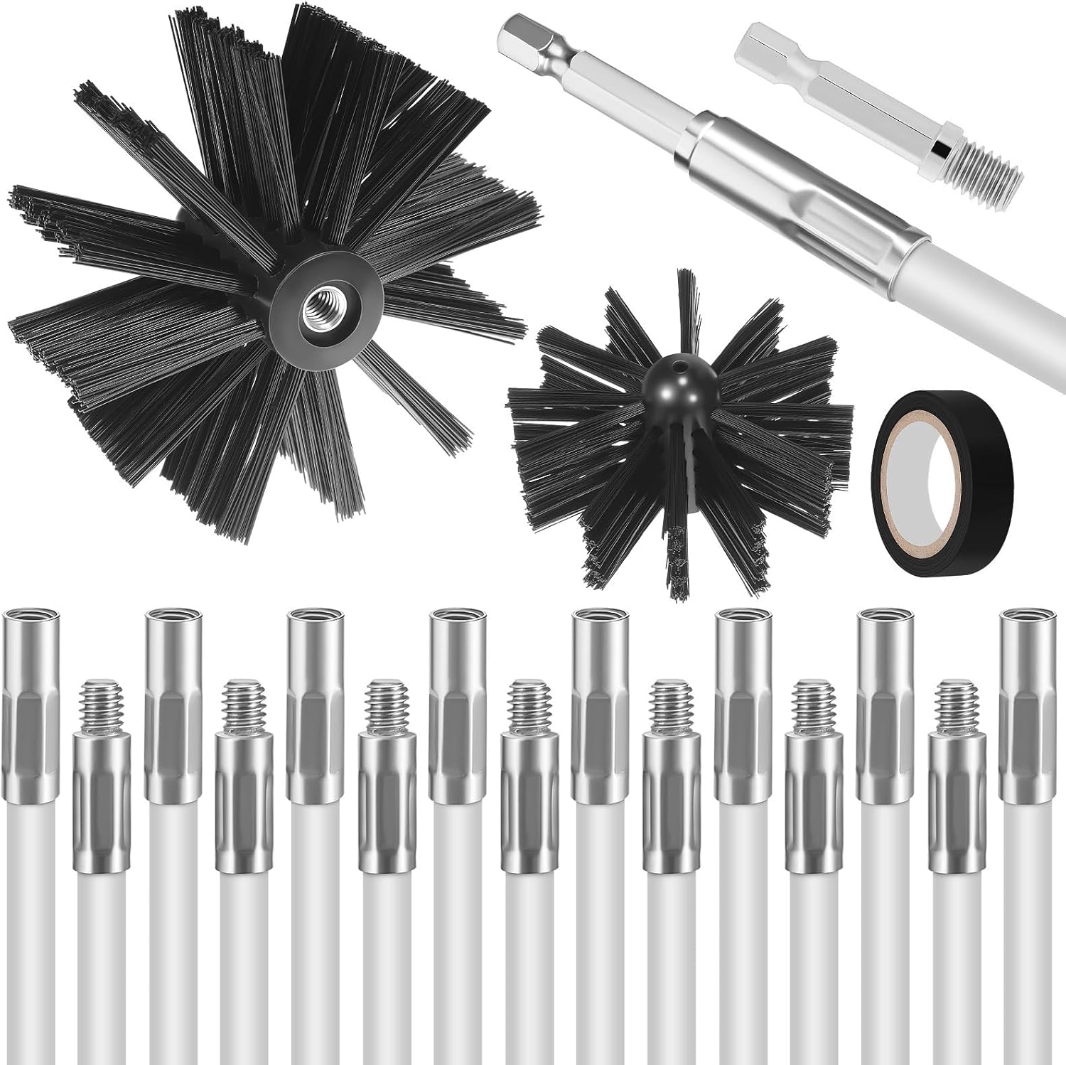 Cabilock Chimney Cleaning Brush Kit, 2pcs Chimney Brush with 15pcs Flexible Extendable Rods, Fireplace and Stove Pipe Cleaner Set for Efficient Flue and Duct Maintenance