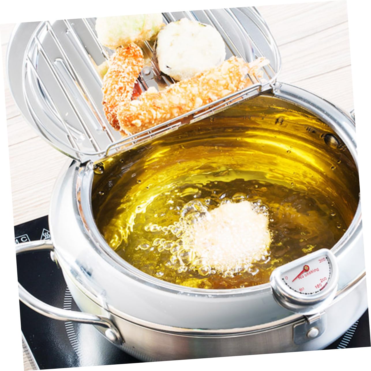 Freidora con Termómetro De Olla para Uso Doméstico para Sartenes De Inducción con Tapa y Control De Baja Temperatura Plateada