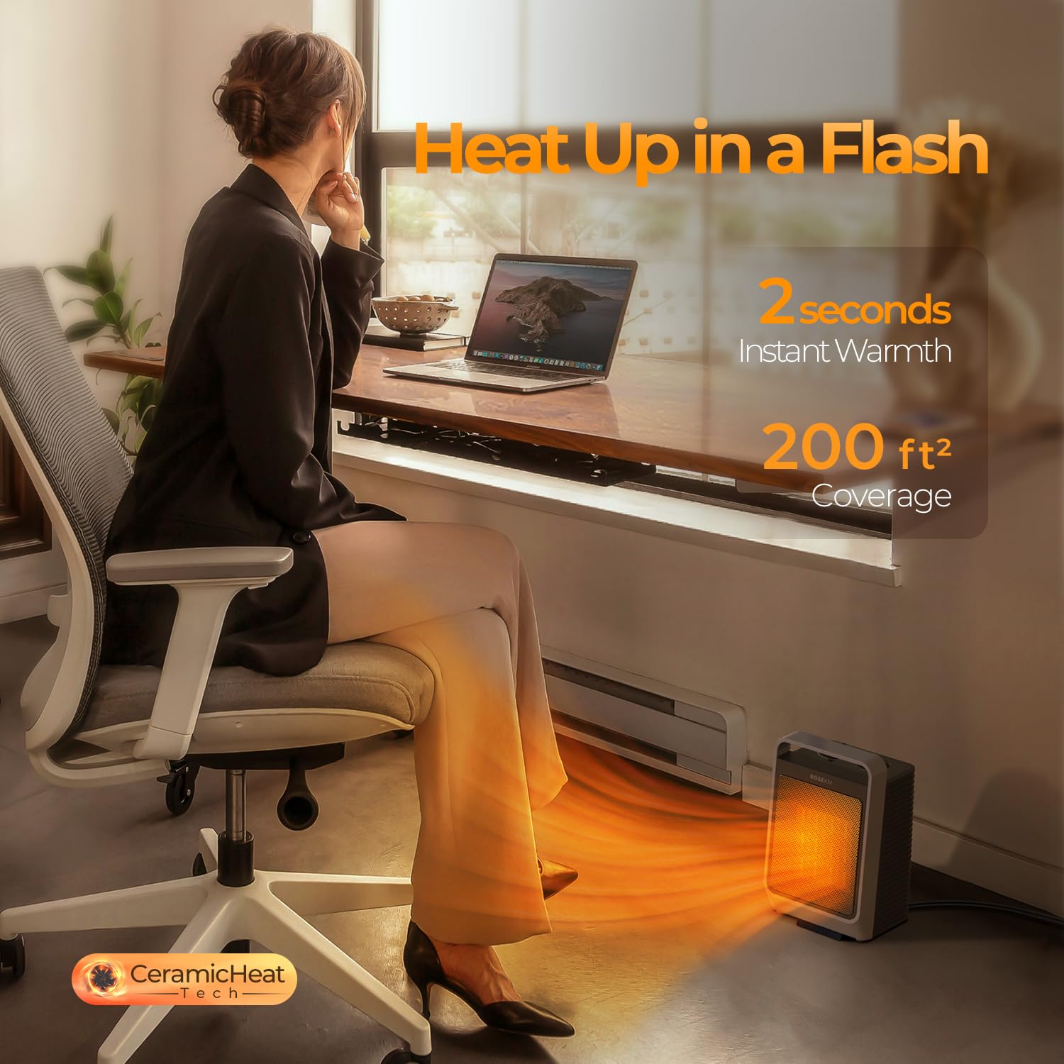 Calentadores de espacio para uso en interiores, calentador eléctrico portátil de 1500 W con termostato, calentador de cerámica para habitación, dormitorio, oficina, debajo del escritorio, con 3 4
