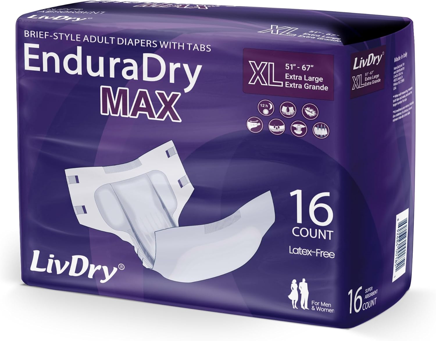 LivDry EnduraDry Max Adult Diapers with Tabs, Up to 12-Hours, Super Absorbent Incontinence Underwear, Leak Protection Briefs, Large, 16-Pack
