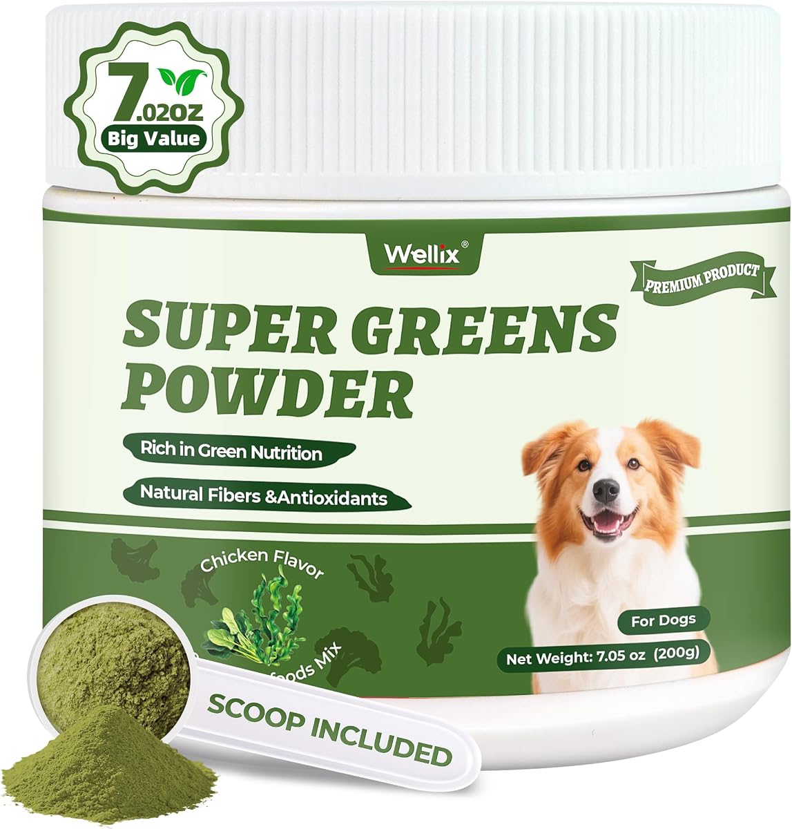 Wellix 7.02oz Super Greens Powder with Organic Spirulina, Chlorella&Spinach | 100% Natural Hip and Joint Supplement for Dogs, Chicken Flavor, Immune & Gut Health Support with Natural Fiber & Antioxidant