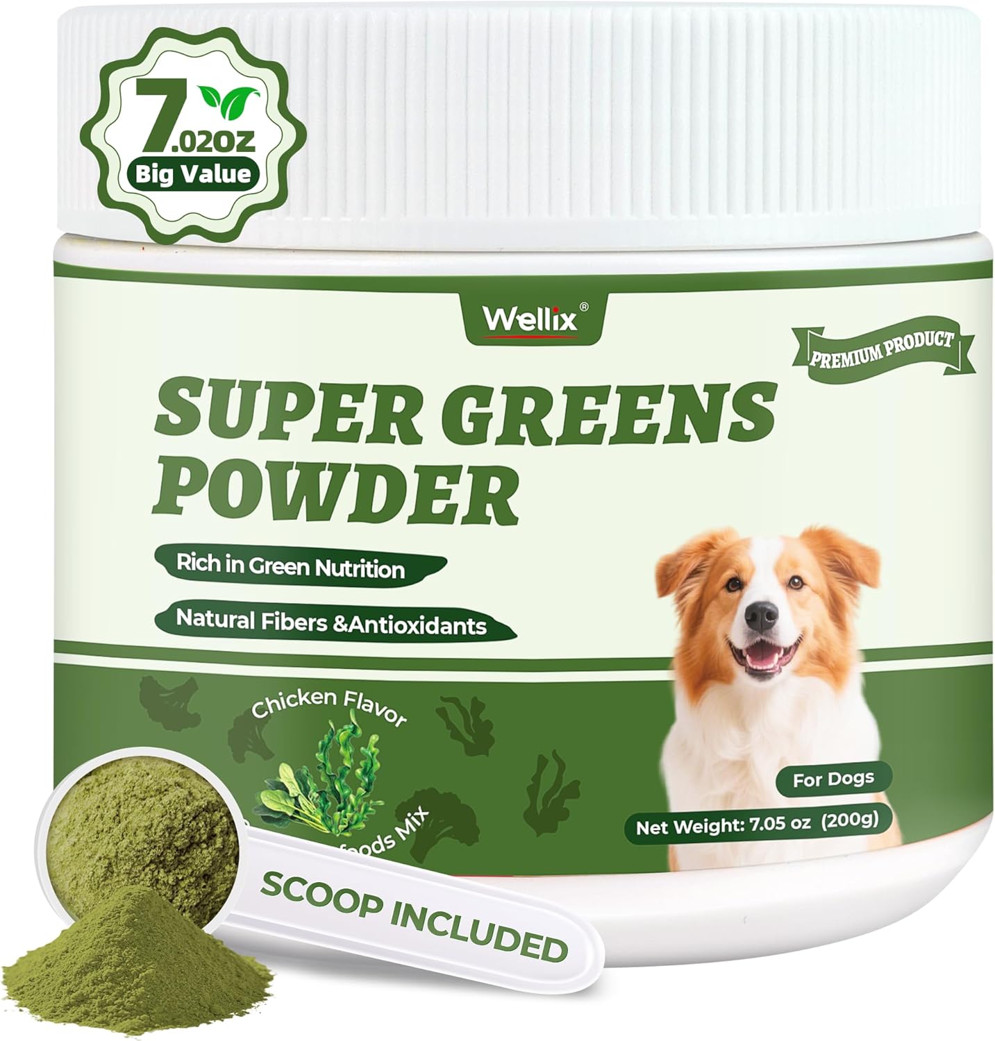 Wellix 7.02oz Super Greens Powder with Organic Spirulina, Chlorella, Spinach – Immune Support, Hip and Joint Supplement for Dogs, Chicken Flavor 100% Natural Dog Supplements