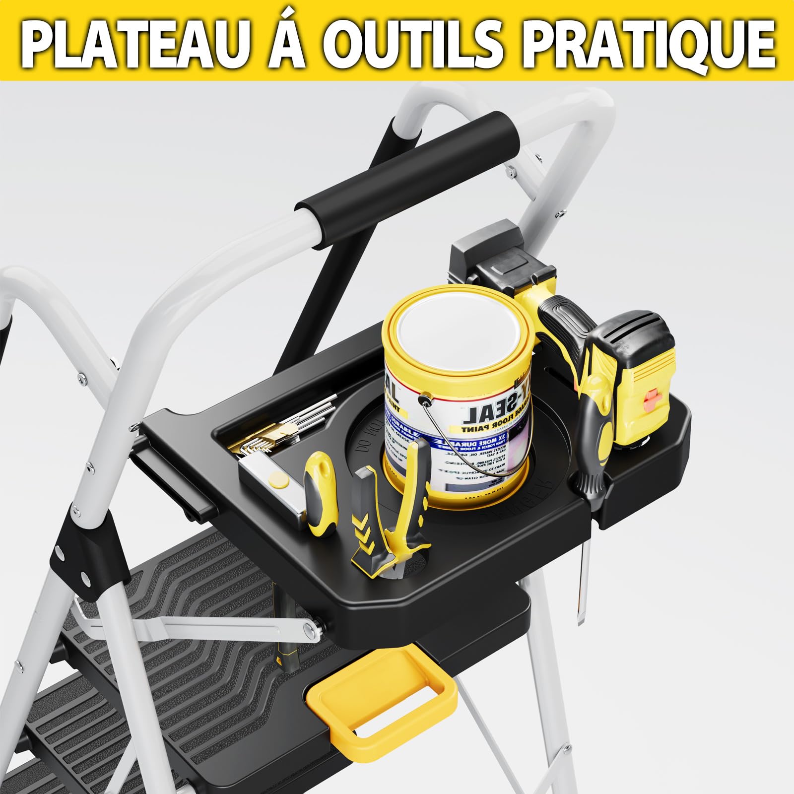 KINGRACK Escabeau Pliable 5 marches Charge maximale de 150kg Verrouillage de sécurité, pédales Larges accoudoirs escabeau escamotable légères pour la Maison, Cuisine, Placard et Bureau, Blanc