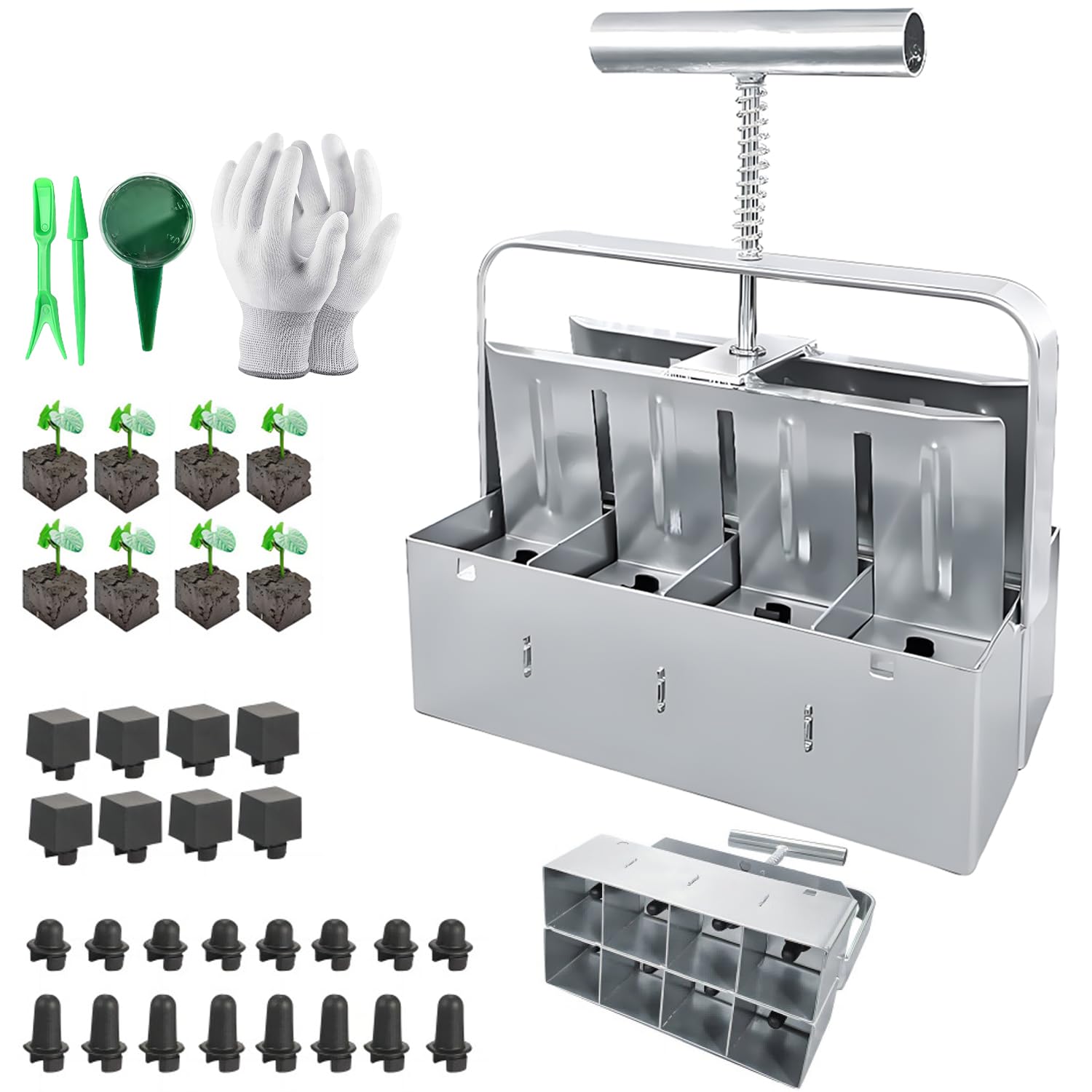 8-Cell Manual Presse Motte pour semis, Blocs de Terre manuels 5x5cm, avec germoir et Gants pour Le repiquage des graines en Serre
