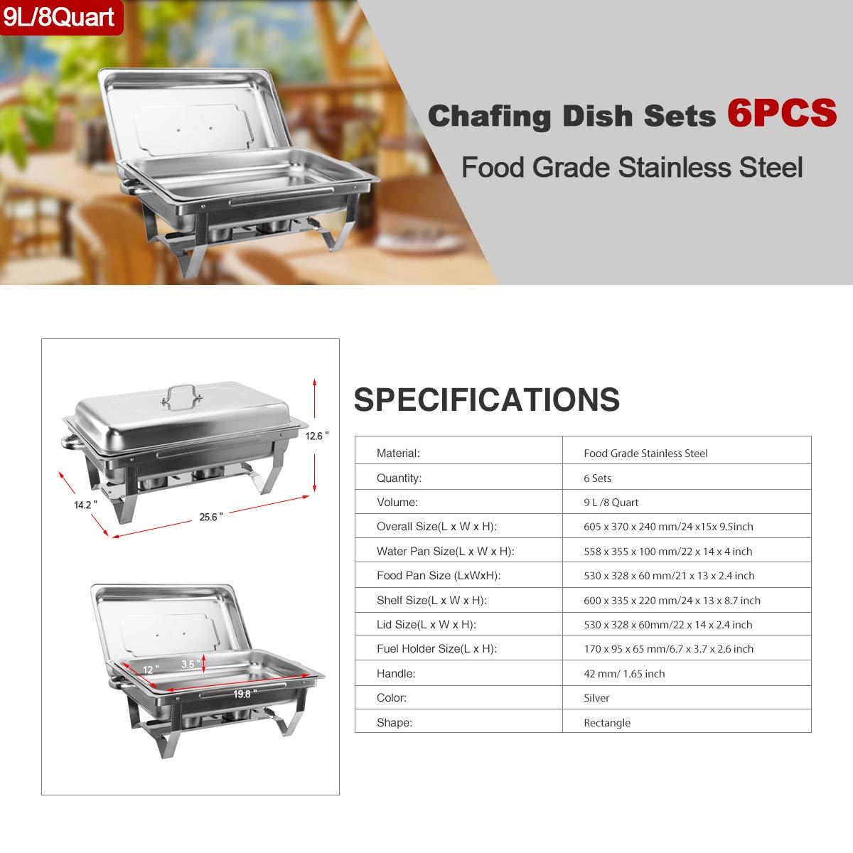 CREWORKS 6 Pièces Chauffe Plats INOX, 9L Chafing Dish en Acier Inoxydable, Chauffe Plat Rectangulaire pour Buffet Chauffants