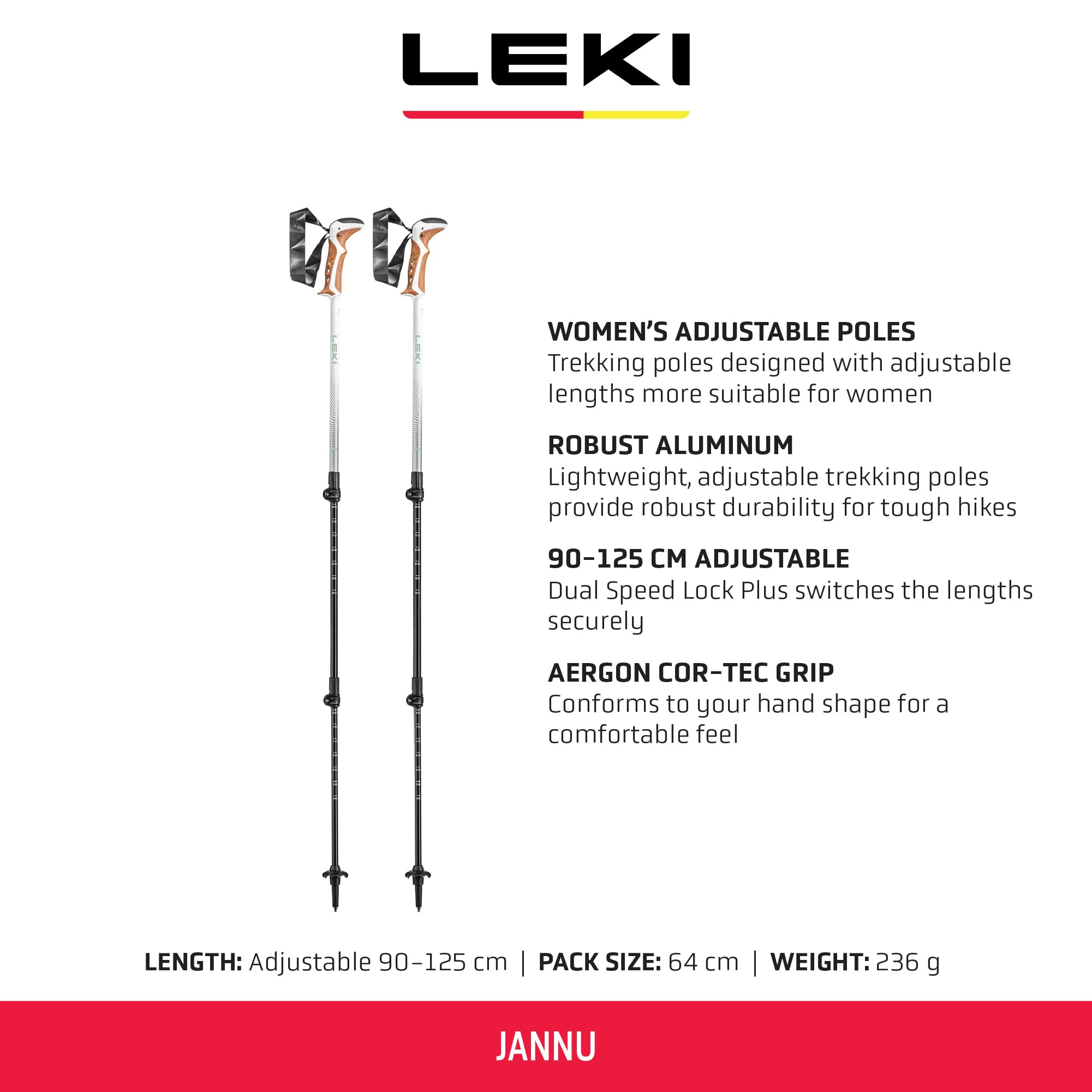 LEKI Jannu Aluminum Adjustable Lightweight Walking Poles for Trekking & Hiking - White-Green-Silver - 90-125 cm