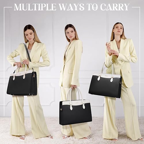 Miniatura 5 de RAINSMORE Bolsa para laptop para mujer, 15.6 pulgadas, impermeable, de piel sintética, bolsa de trabajo, bolso grande para computadora portátil para