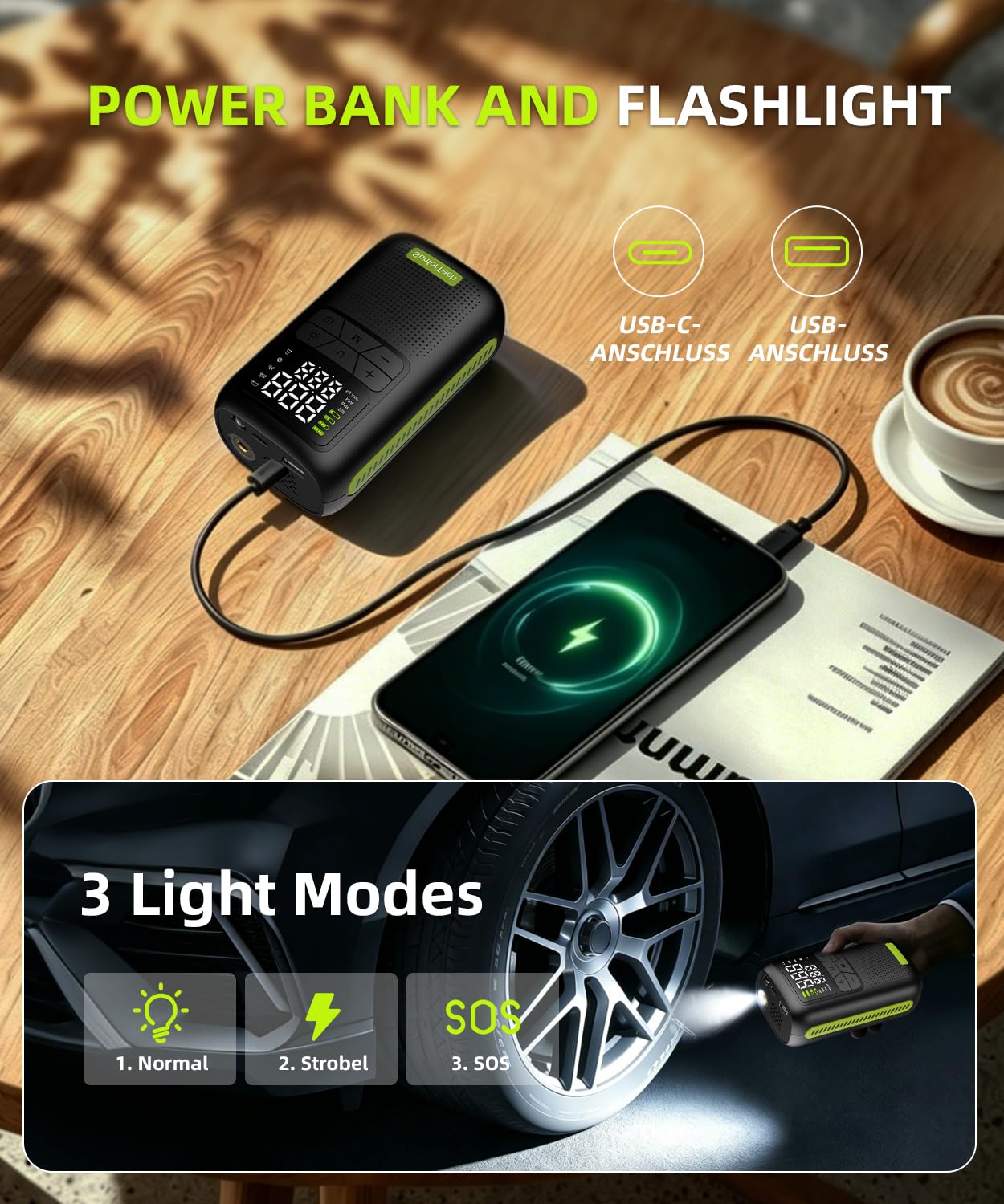 Compresseur d'air Portable sans Fil 150 PSI, gonflage Rapide avec Cylindre 19 mm. | USB-C, arrêt automatique, éclairage LED. Compatible pneus voiture, moto, vélo et ballons de sport.