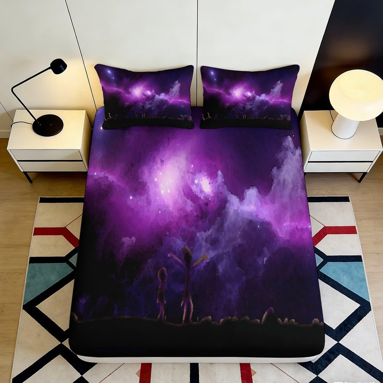 3D Printed Cosmic Nebula Fitted Sheet Microfiber Purple Galaxy Starry Sky Mattress Cover for Bedroom Dorm Decor 90x200x25cm