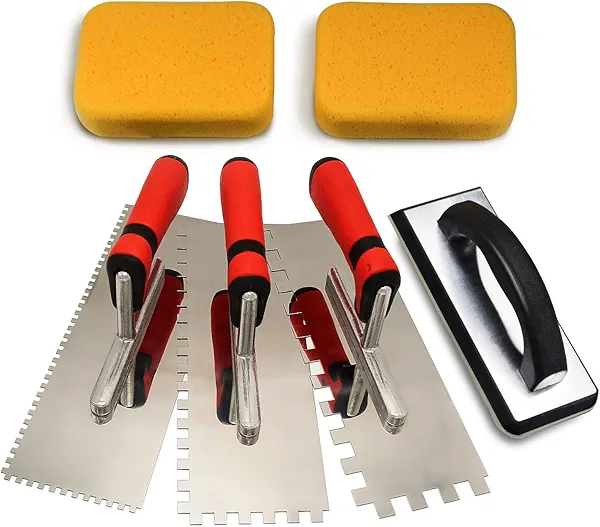 Tile Tools Stainless Steel Square Notch Trowel Set Plus Rubber Grout Float and Grout Sponge for Tiling Installation Grouting