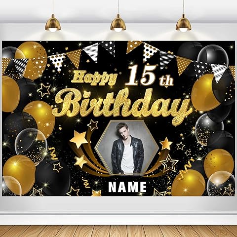 Custom Black and gold Theme 15th Birthday Decorations Banner - Personalized Fabric ...