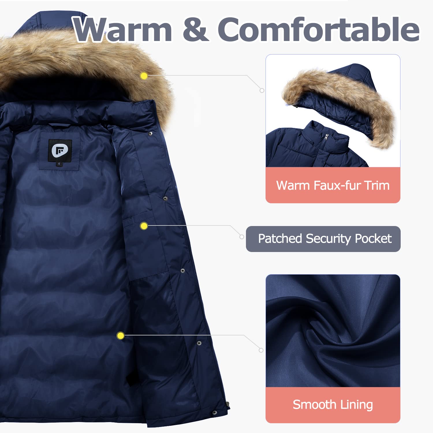 FASRYKOC Women's Fur Hood Puffer Coat Windproof Winter Coat Jacket Thicken Winter Coat X-Large Navy