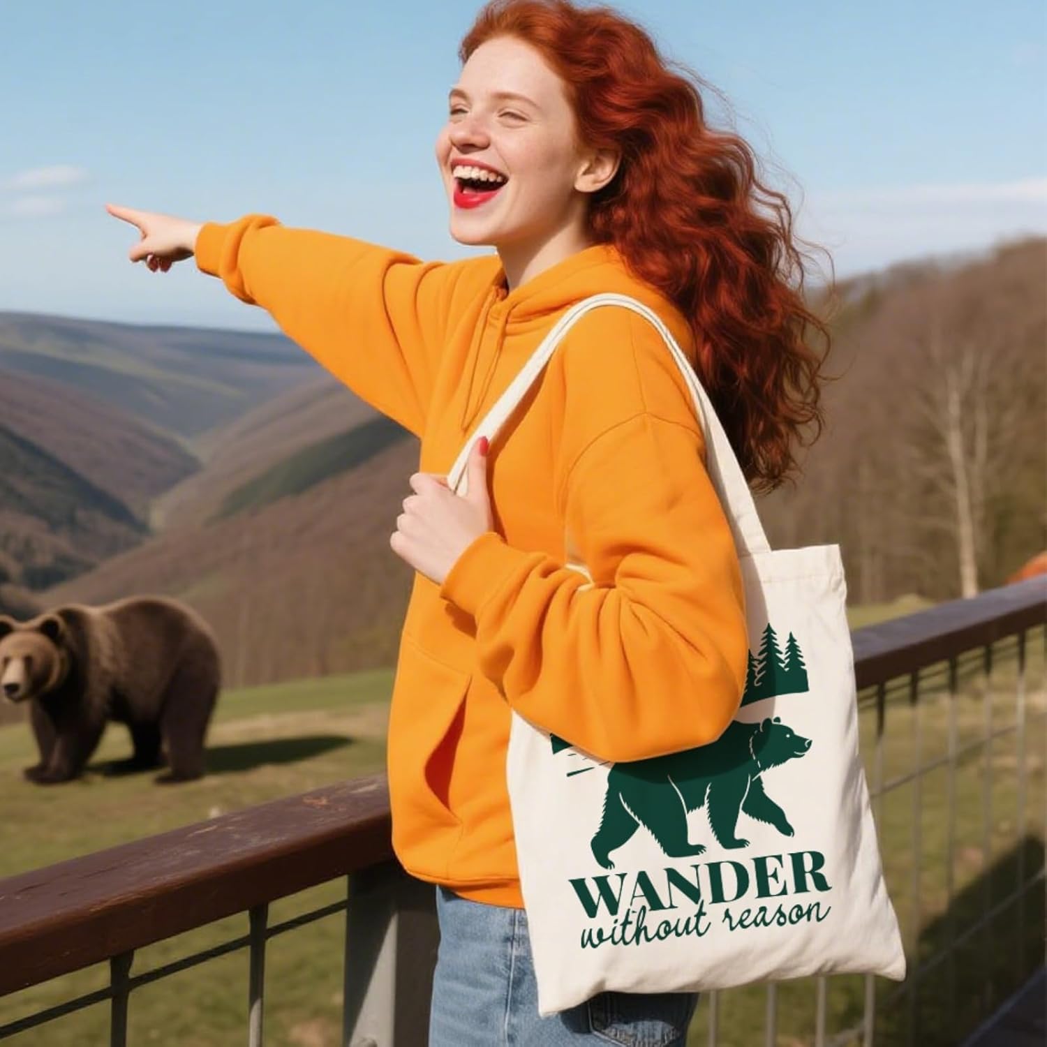 ANATTASOUL Canvas Tote Bag Bears and Mountains Reusable Cotton Bag for Women, Durable Cloth Shoulder Bags with Zipper Pockets for Shopping, Vacation, Work, Gym - Image 5