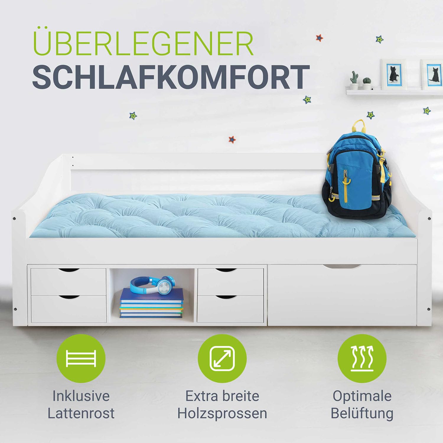Juskys Funktionsbett Nalu 90x200 cm - Holz Bett mit Lattenrost & Schubladen - Stauraumbett für Kinder - Jugendbett, Kinderbett, Gästebett - Weiß
