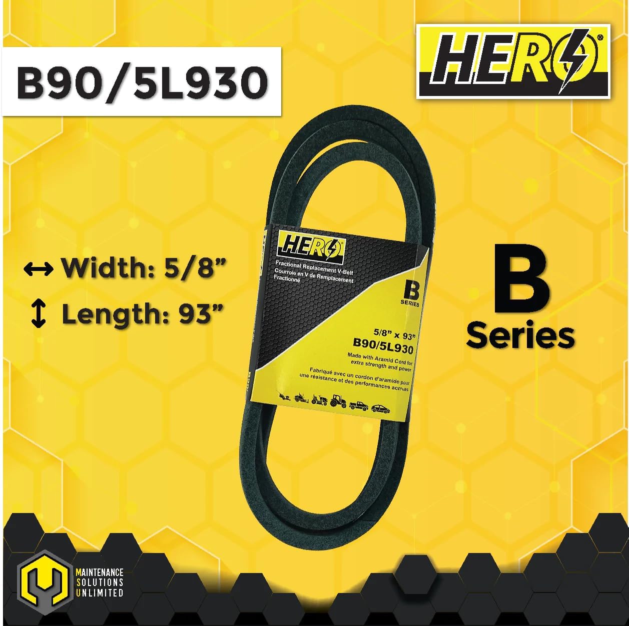 HERO® 5/8 inch x 93 inch Aramid Kevlar Lawn Mower Belt Replacement for Reference B90 5L930