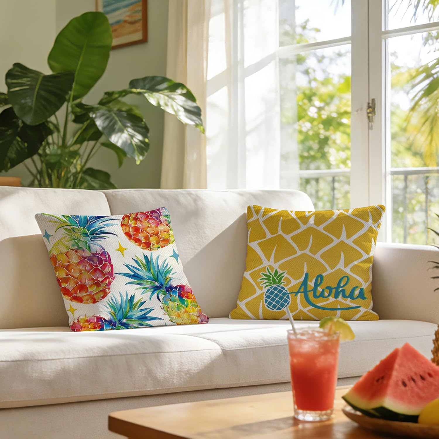 Summer Pineapple Decorative Throw Pillow Covers 18 x 18 Set of 4, Hawaii Aloha Tropical Colorful Fruit Porch Outdoor Decor, Family Home Sweet Home Sofa Couch Cushion Case