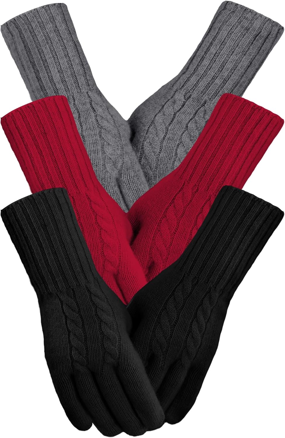 Shihanee 3 Pairs Pure Wool Knit Gloves Women Touchscreen Warm Gloves with Long Wrist Cuffs Windproof Cold Weather Gear