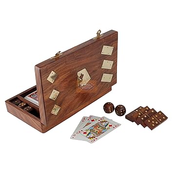 Shriji Crafts Wooden Playing Card Box with 5 Dice & 28 Dominoes Tiles Game Set Deck Pack Case Holder Storage Accessories Organizer with Playing Card