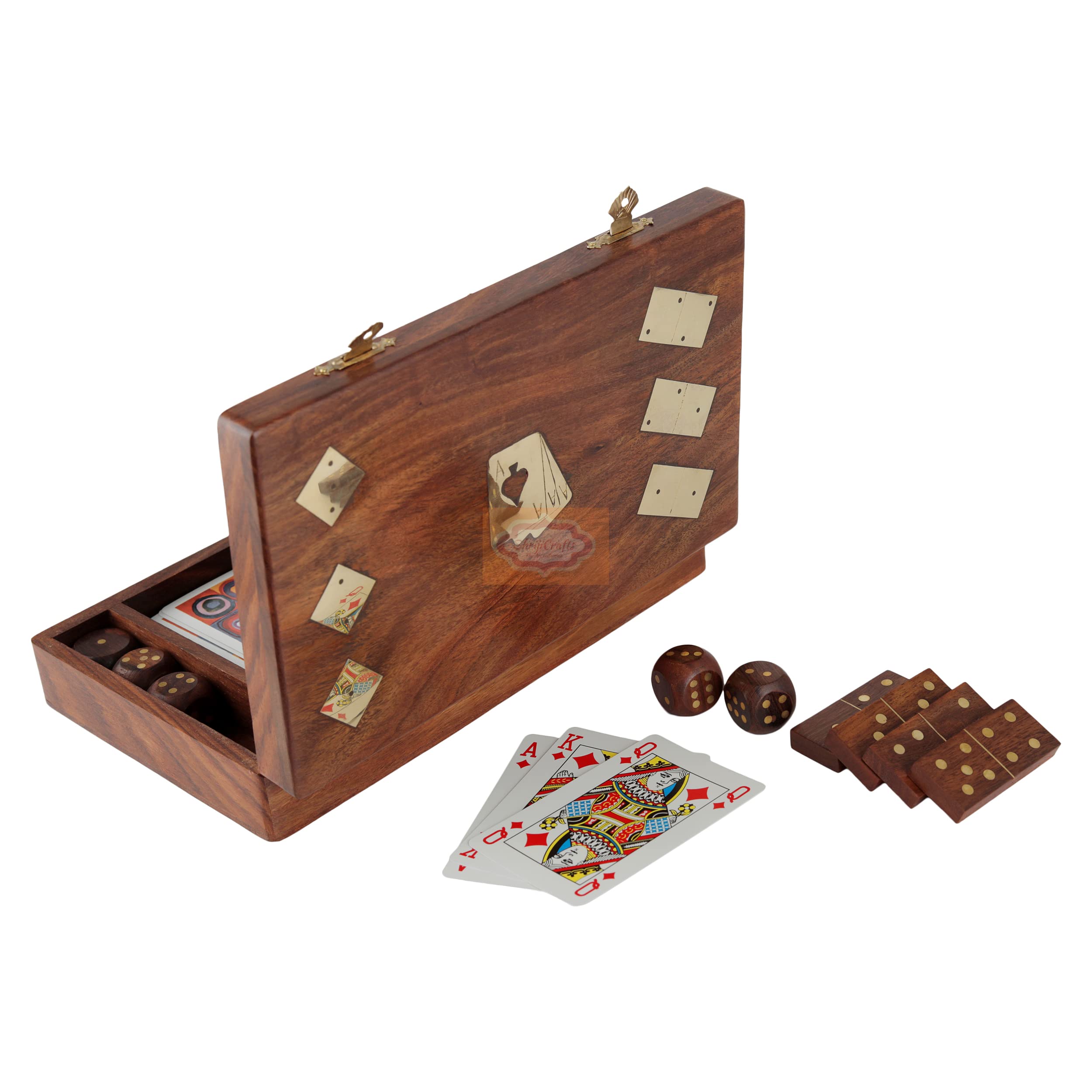 Ortus Wooden Playing Card Box with Dice and Dominoes – 3-in-1 Game Set with 5 Dice, 28 Domino Tiles and Card Deck – Storage Organizer Gift Set for Travel Family Game